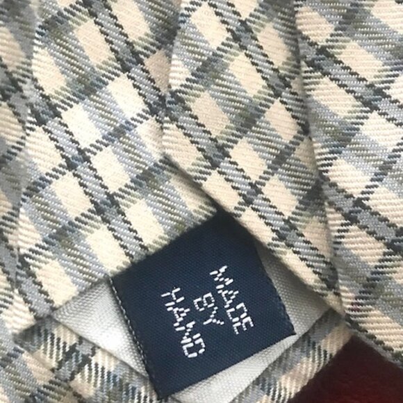 POLO BY RALPH LAUREN HANDMADE VINTAGE MEN'S TIE- COTTON IVORY GREEN BLUE PLAID - Picture 6 of 7